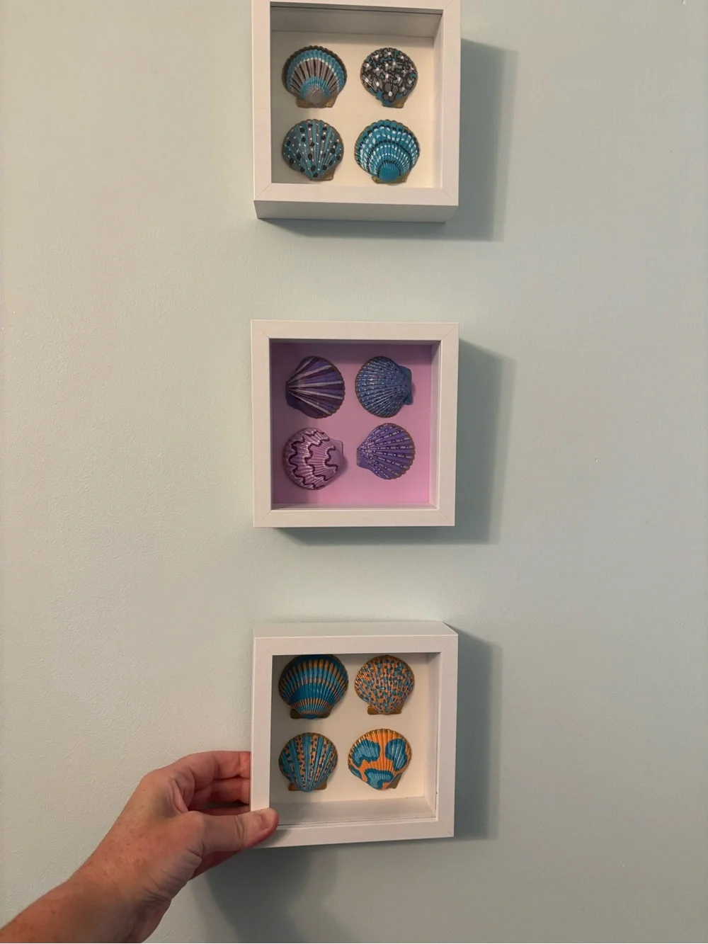 Hand Crafted Framed Blue and Orange Seashell Wall Decor